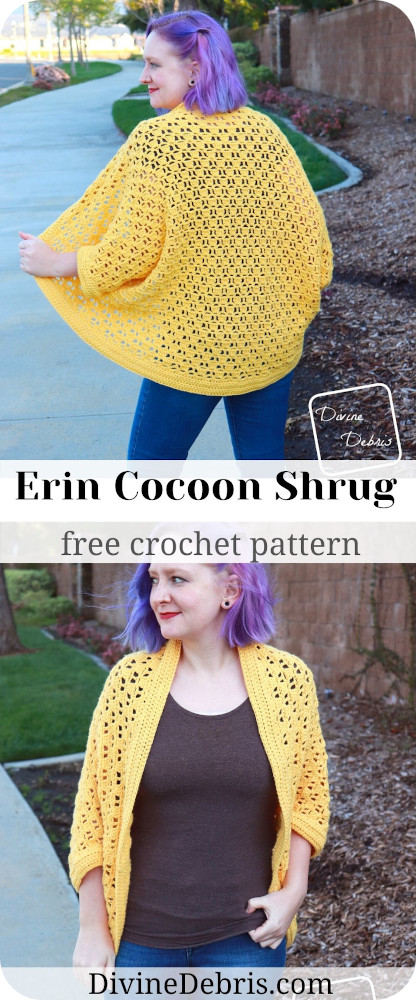 Learn to make the Erin Cocoon Shrug, an oversize and cozy cocoon shrug in sizes XS - 5X, from a free crochet pattern by DivineDebris.com