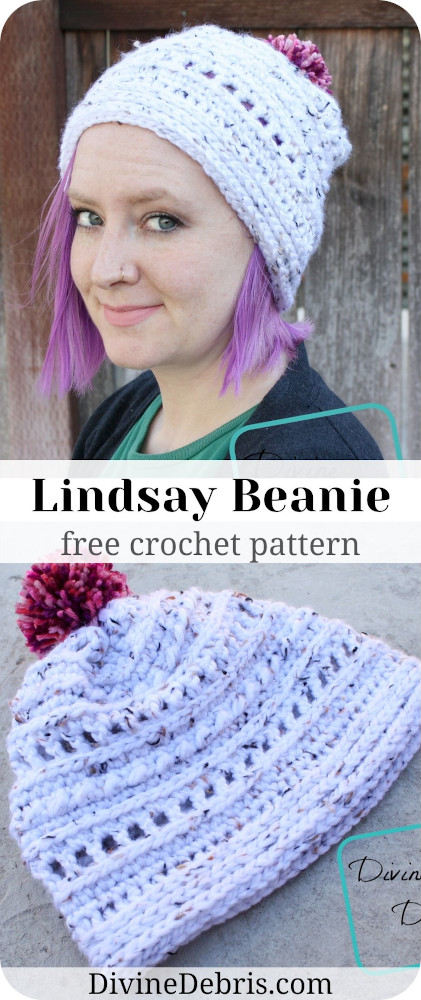 Make your winter wonderful and cozy with this easy Lindsay Beanie free crochet pattern by DivineDebris.com. It's quick to make and simple to customize!