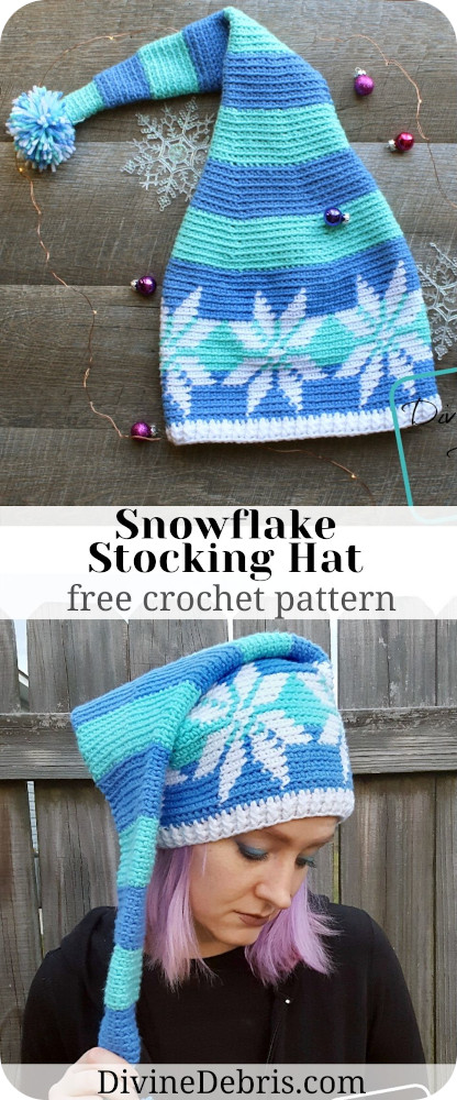 Get into an elf like mood with this fun and creative Stocking Snowflake Hat from a free crochet pattern by DivineDebris.com