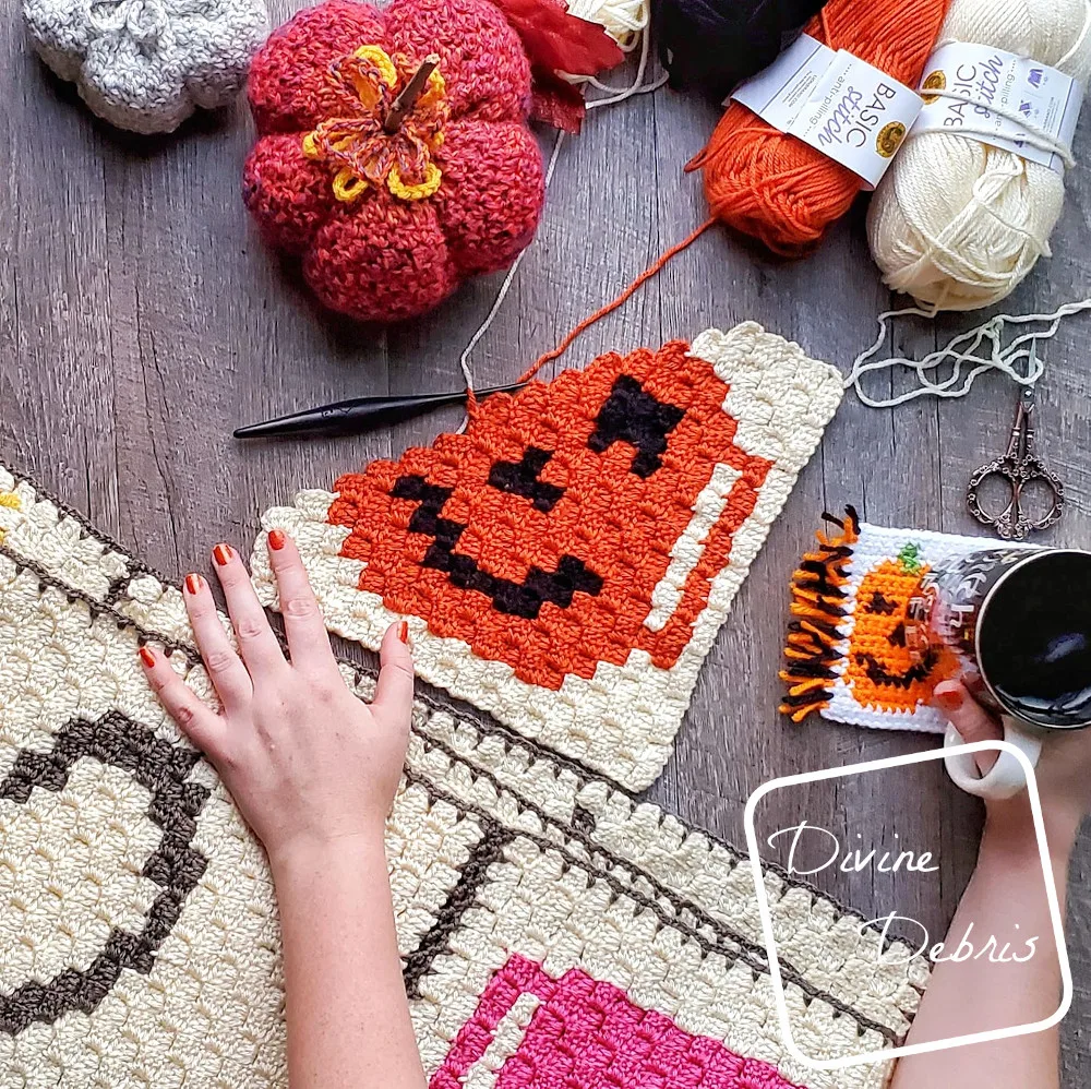 C2C Jack-O-Lantern Cup Afghan Square free crochet pattern by DivineDebris.com