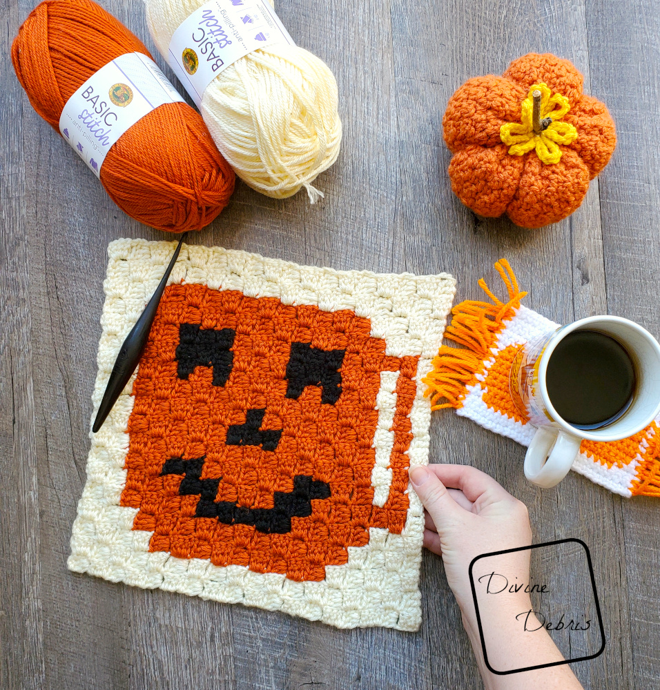 C2C Tiny Jack-O-Lantern Cup Afghan Square free crochet pattern by DivineDebris.com