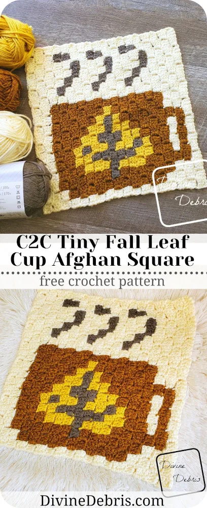 Learn to make the C2C Tiny Fall Leaf Cup Afghan Square from a free crochet graph pattern on DivineDebris.com