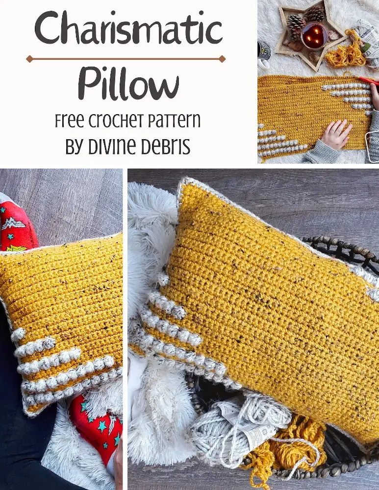 Learn to make the fun and squishy bulky weight yarn pillow, the Charismatic Pillow, from a free crochet pattern by DivineDebris.com