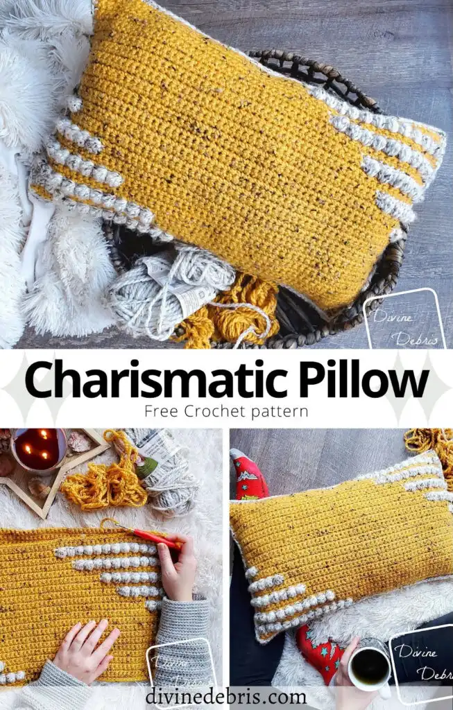 Learn to make the fun and squishy bulky weight yarn pillow, the Charismatic Pillow, from a free crochet pattern by DivineDebris.com