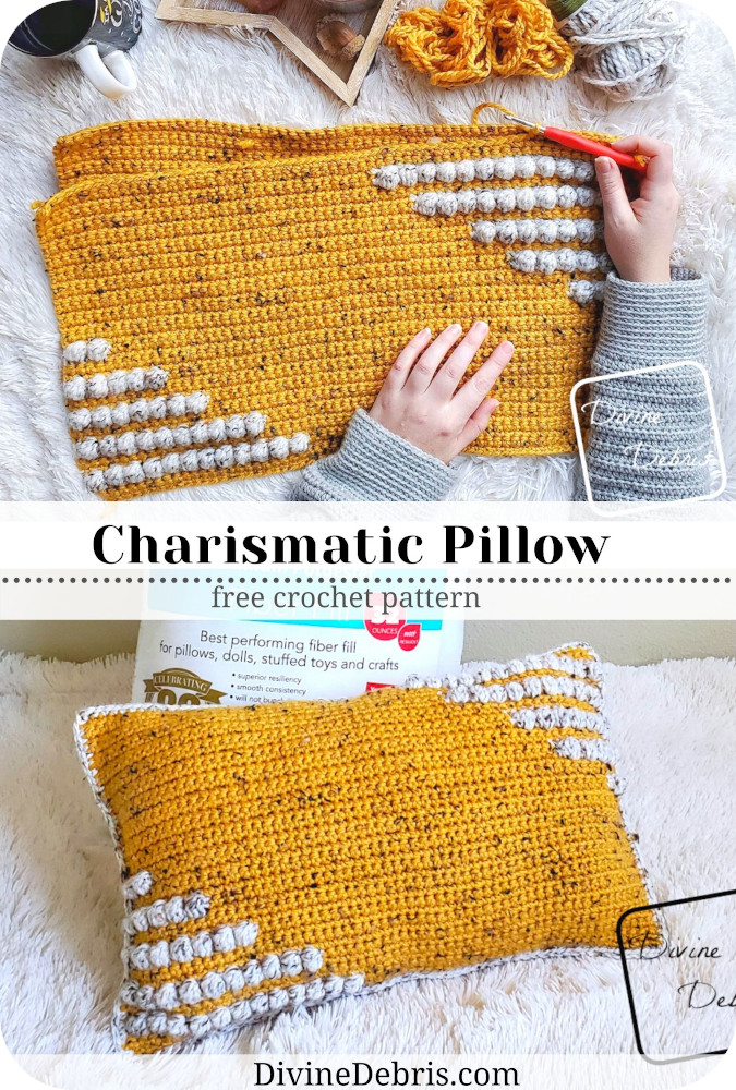 Learn to make the fun and squishy bulky weight yarn pillow, the Charismatic Pillow, from a free crochet pattern by DivineDebris.com