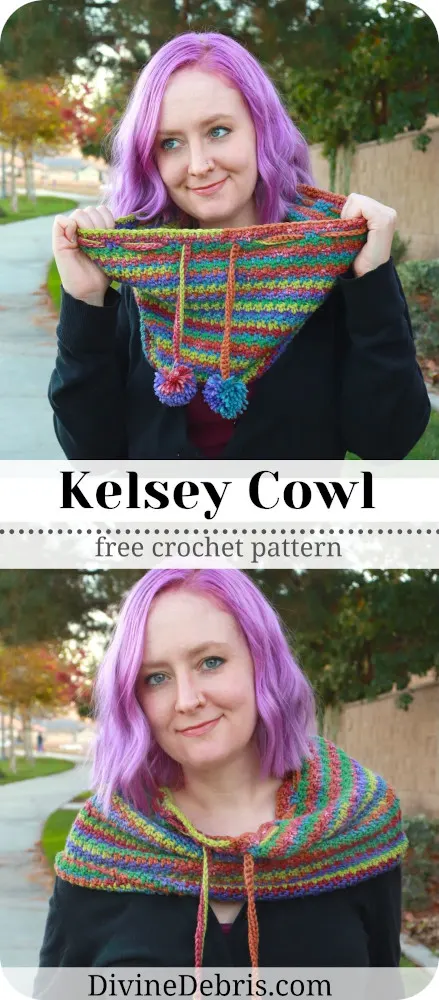 Learn to make the very customizable, fun, snuggly, and textured Kelsey Cowl from a free crochet pattern on DivineDebris.com