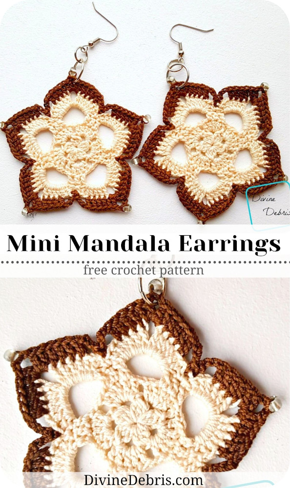 Learn how to make the cute, bohemian, and easy to customize Mini Mandala Earrings from a free crochet pattern by DivineDebris.com