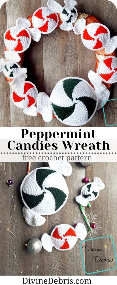 Make a fun and customizable holiday wreath that works all through the winter season, the Peppermint Candies Wreath crochet pattern a free crochet pattern by DivineDebris.com