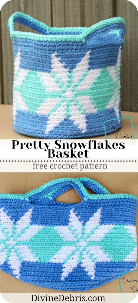 Dress up your holiday decorating with this fun and cute tapestry design, the Pretty Snowflakes Basket Free Crochet pattern by DivineDebris.com