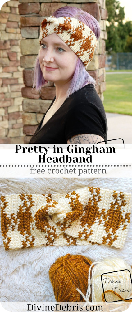 Learn to make this fun and interesting tapestry crochet design, the Pretty in Gingham Headband, a free crochet pattern on DivineDebris.com