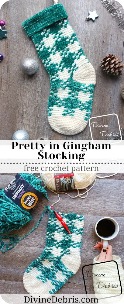 Make your Christmas fun and bright with this eye-catching stocking done in gingham and velvet yarn, the Pretty in Gingham Stocking free crochet pattern
