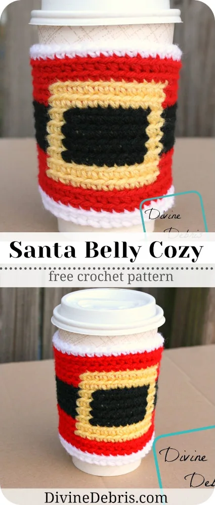 Learn to make the Santa Belly Cup Cozy from a free crochet pattern by DivineDebris.com. Perfect gift for the coffee or tea lover in your life