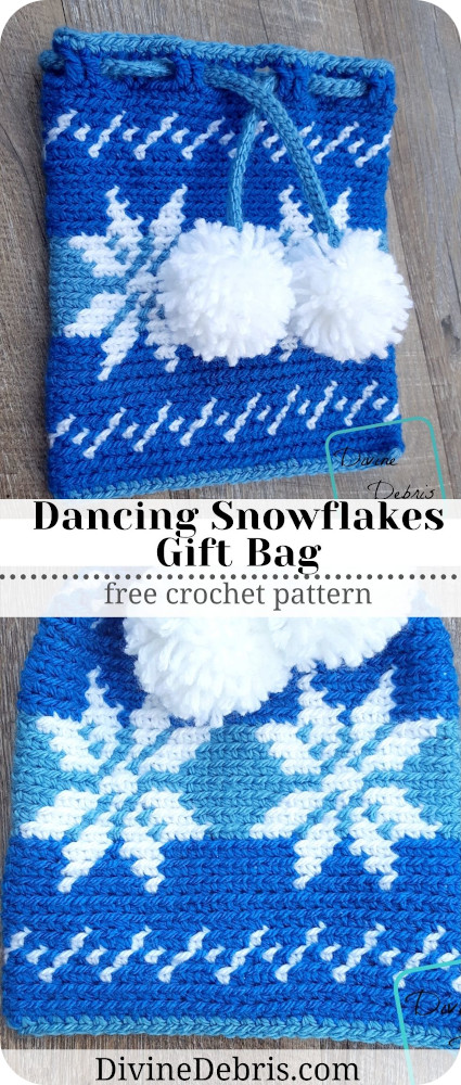Learn how to make the fun and easy Dancing Snowflakes Drawstring Gift Bag from a free crochet pattern on DivineDebris.com
