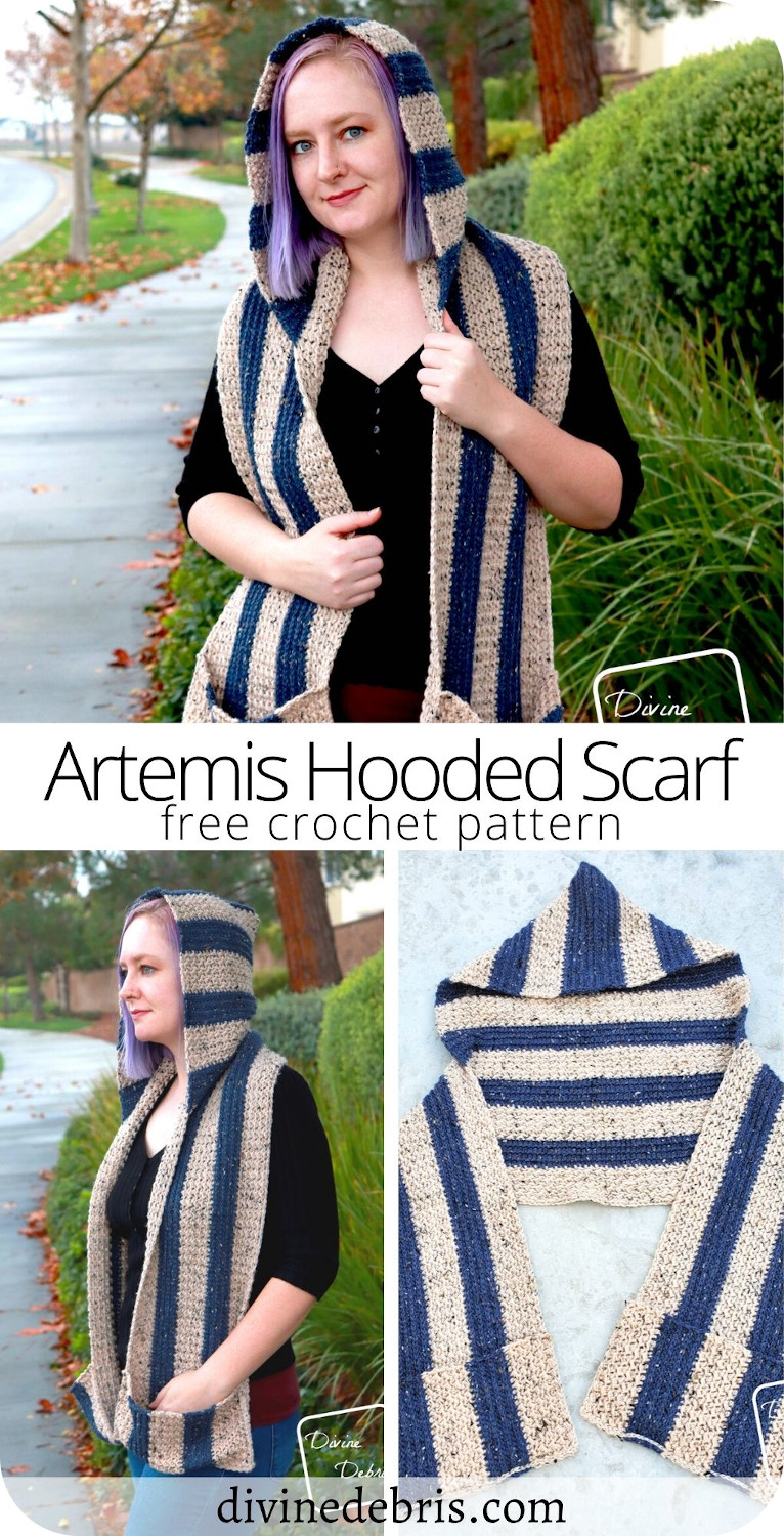 Be warm, cozy, and super chic this winter season with the Artemis Hooded Scarf, a free crochet pattern by DivineDebris.com