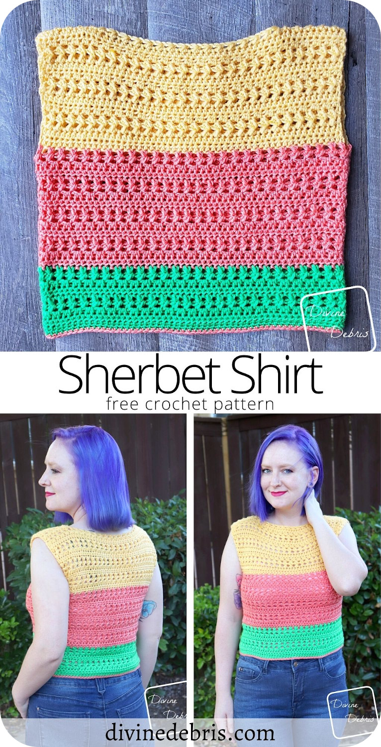 Learn to make the fun and easy Sherbet Shirt from a free crochet pattern on DivineDebris.com