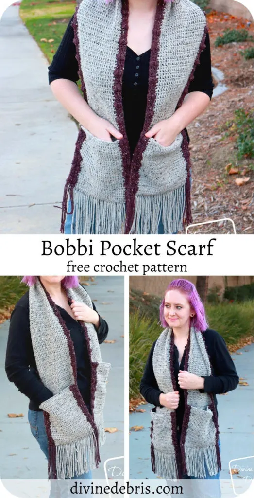 Fun with pockets! The Bobbi Pocket Scarf is fun, quick, and free crochet pattern that will work up easily and is easily customized. Find it on DivineDebris.com