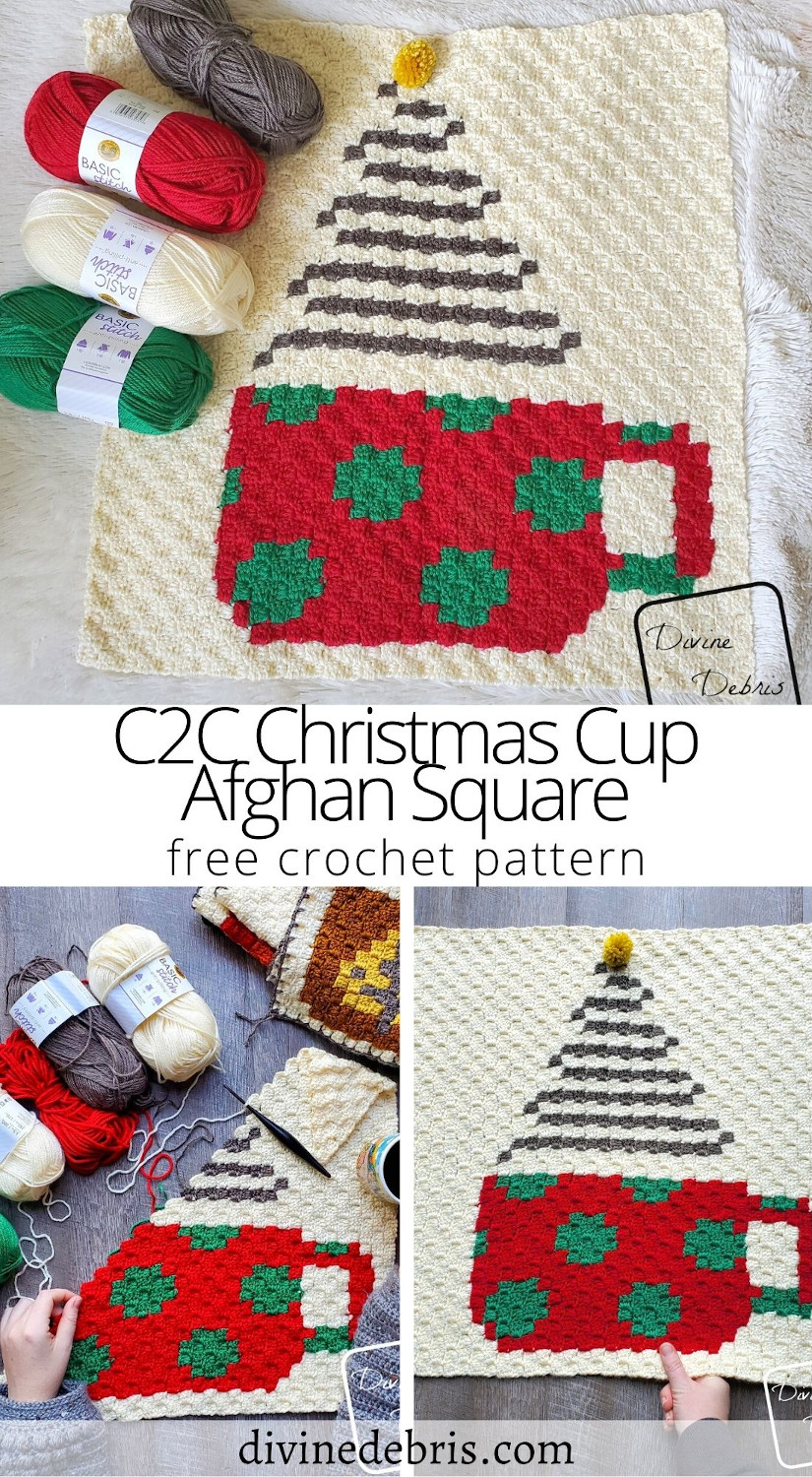 Learn to make the final coffee square in 2020's CAL, the C2C Christmas Cup Afghan Square free crochet pattern by DivineDebris.com