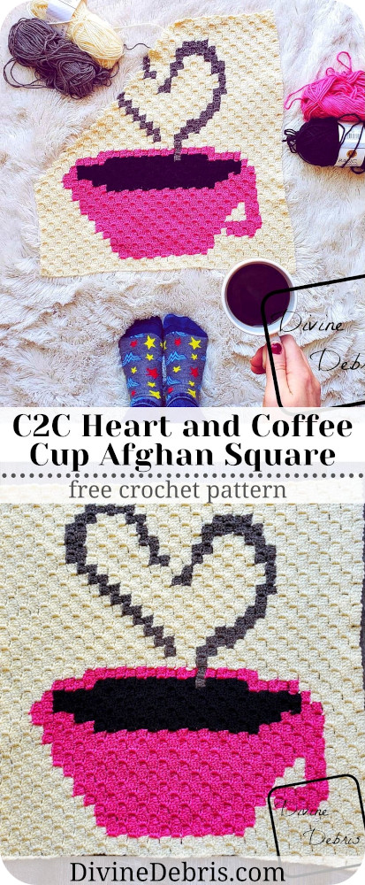 Learn to make the Heart and Cup C2C Afghan Square, the second in a year-long crochet-a-long, from a free pattern on DivineDebris.com