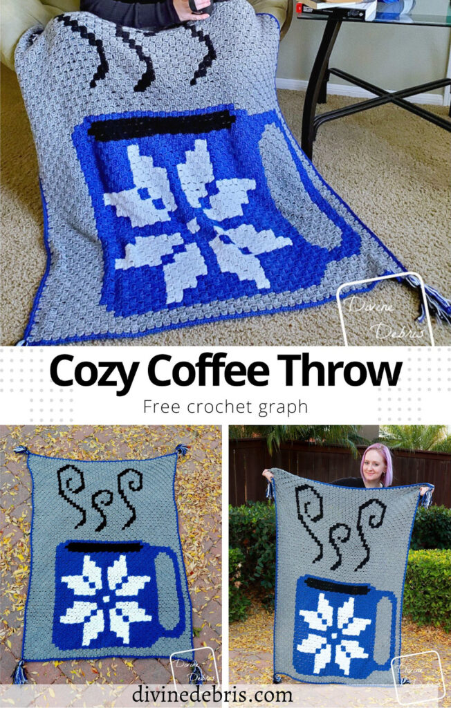 Check out the fun and easy Cozy Coffee Throw crochet pattern graph on DivineDebris.com. It's a simple C2C design for any coffee loving crafter