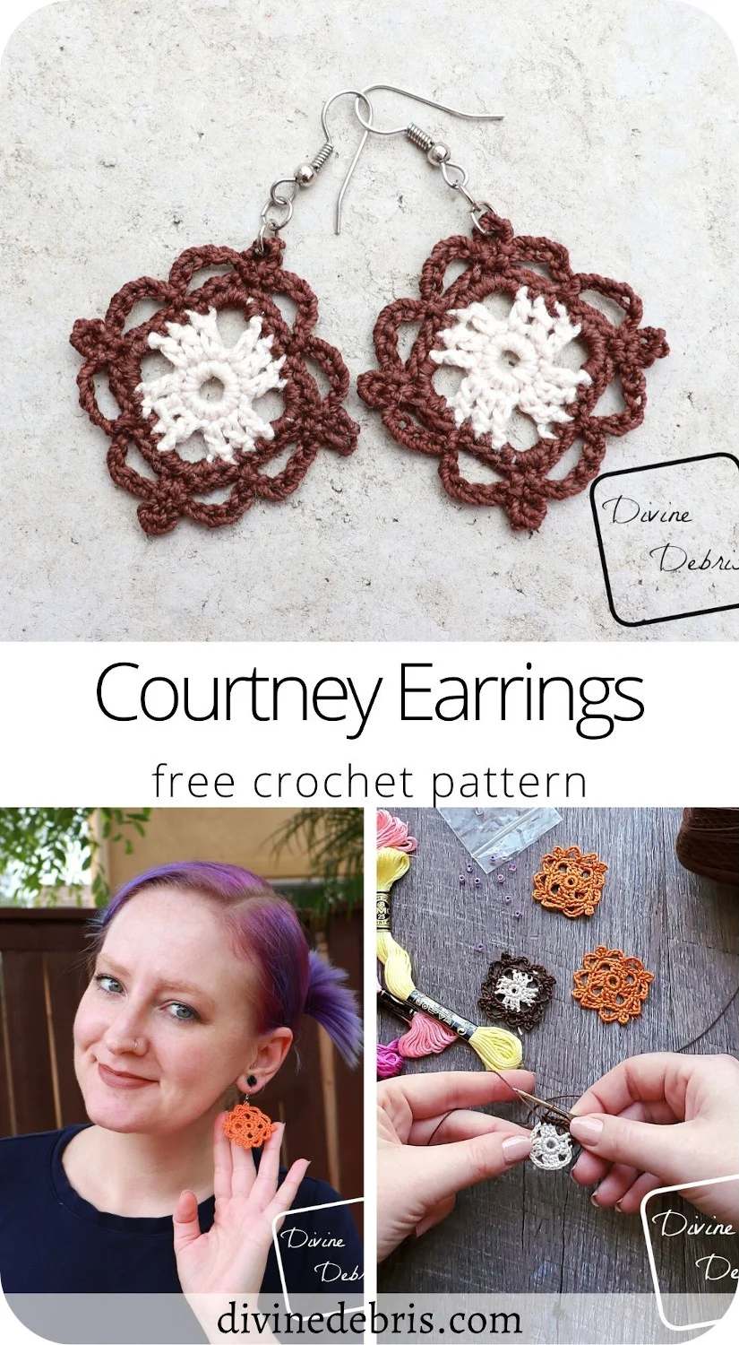 Learn to make the Courtney Earrings, a fun, easy, and super customizable, from a free crochet pattern on DivineDebris.com