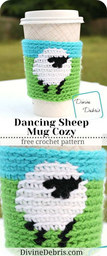 Learn to make the fun sheep themed crochet coffee cozy, the Dancing Sheep Mug Cozy, from a free tapestry crochet pattern on DivineDebris.com