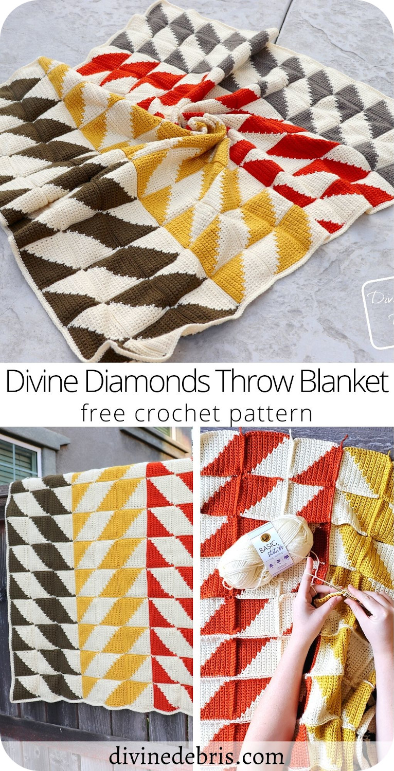 Learn to make this fall favorite quilt-inspired and eye-catching tapestry crochet throw blanket, The Divine Diamonds Throw Blanket, from a free pattern on DivineDebris.com