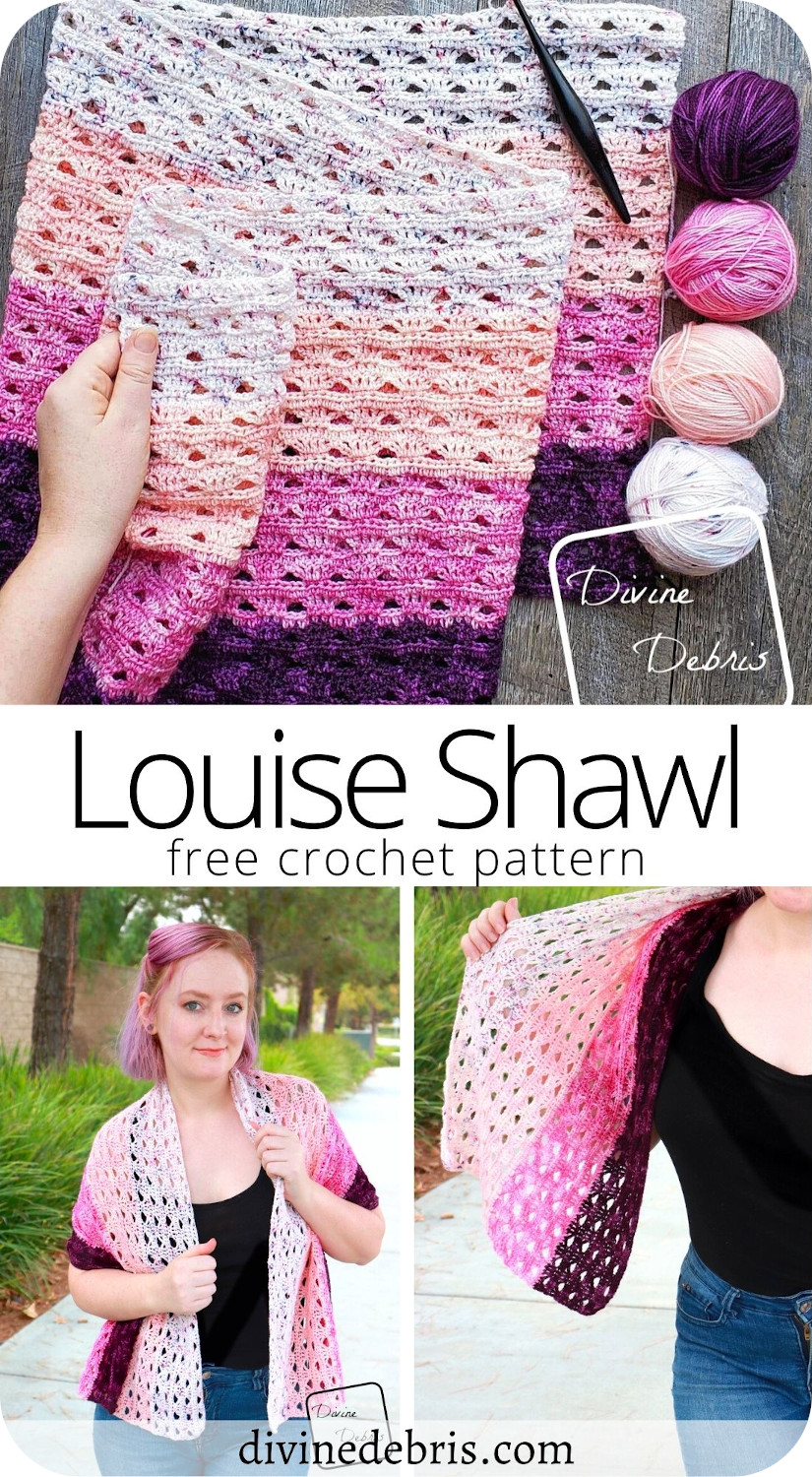 Get your fingering weight yarn and make the simple, easy, and very customizable free crochet pattern - the Louise Shawl by DivineDebris.com