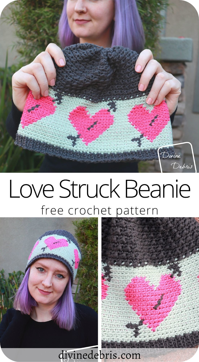 Learn to make the Love Struck Beanie, a fun combination of tapestry and traditional crochet techniques, from a free crochet pattern on DivineDebris.com