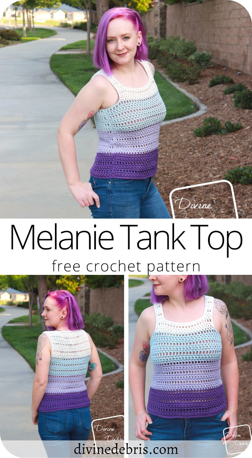 Learn to make the easy, fun, and customizable summer top, the Melanie Tank Top, from a free crochet pattern on DivineDebris.com