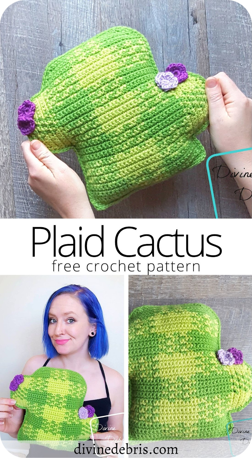 Learn to make a fun and excited plaid cactus (or a plain cactus) crochet amigurumi from this free pattern on DivineDebris.com