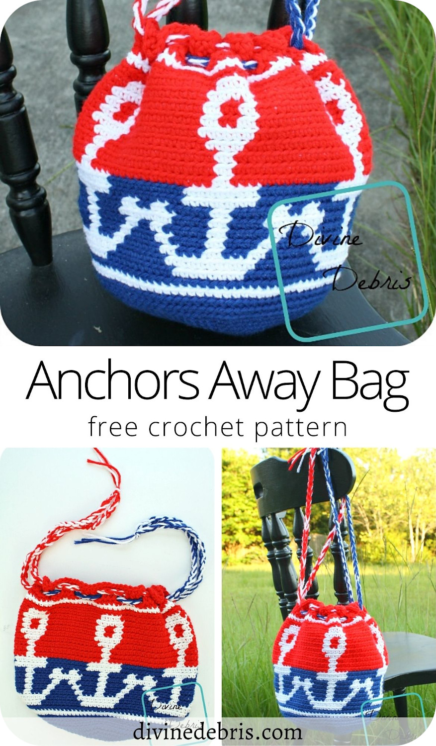 Check out the fun and nautical themed drawstring bag, the Anchors Away Bag, a free crochet pattern on DivineDebris.com