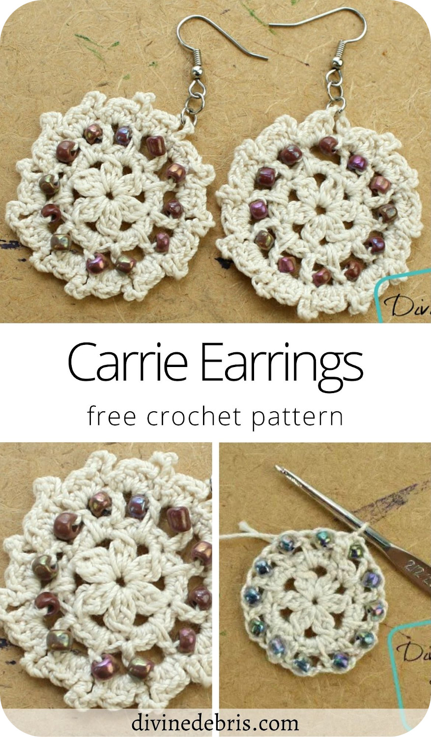 Learn to make the Carrie Earrings, a free and fun crochet earring pattern featuring fun texture and seed beads, from DivineDebris.com