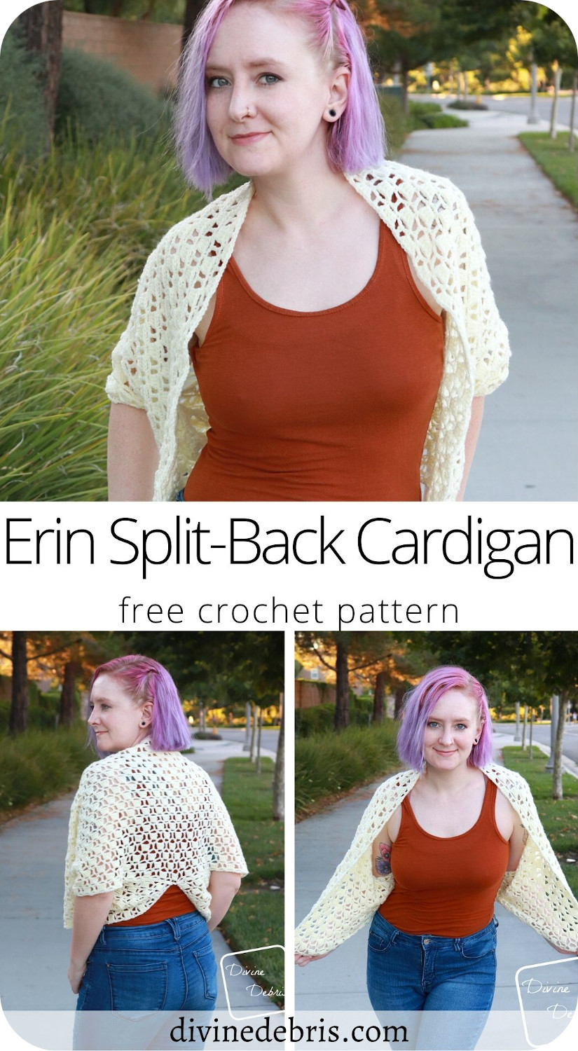 Learn to make the interesting and fun Erin Split-Back Cardigan, available in sizes X2 - 5X, from a free crochet pattern by DivineDebris.com
