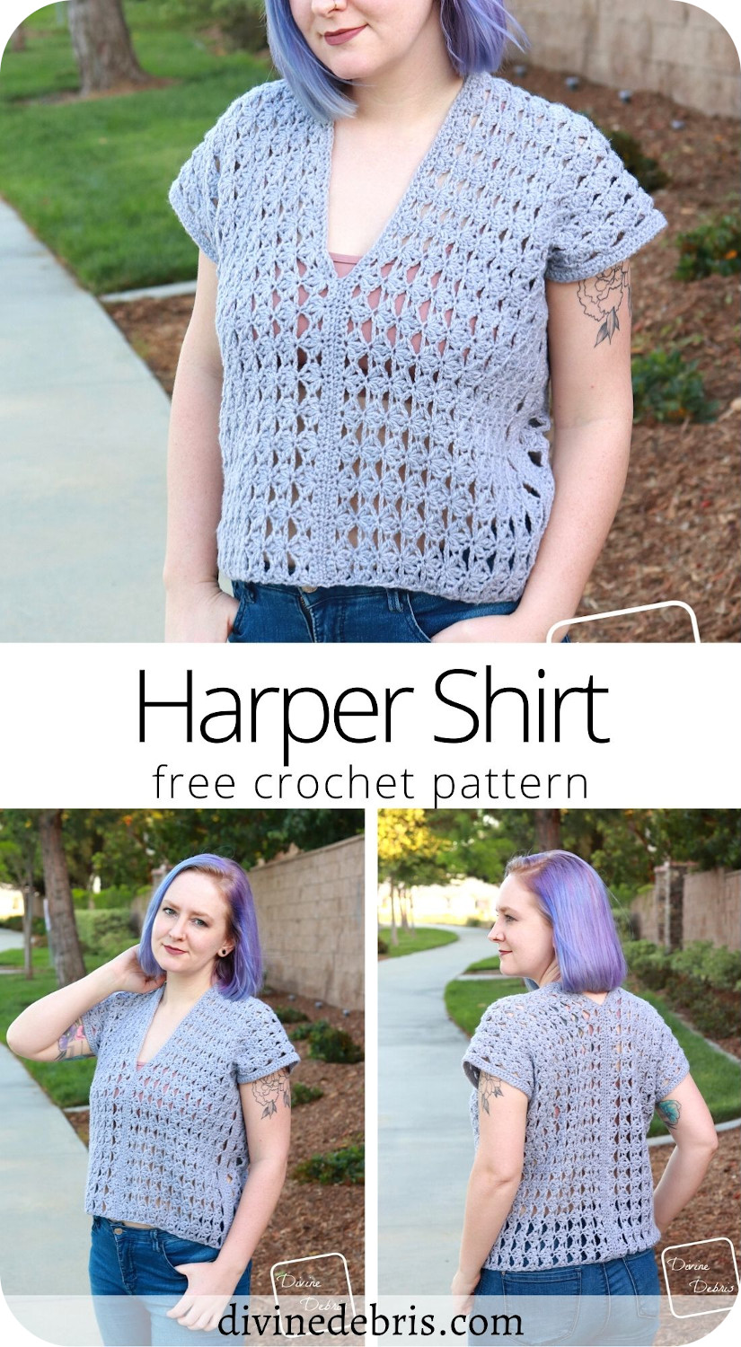 Learn to make the Harper Shirt, a fun, simple, and quick summer layering top, from a free crochet pattern on DivineDebris.com
