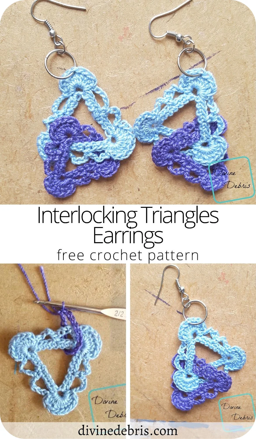 Make a quick gift, a treat for yourself, or get creative when you learn to make the Interlocking Triangles Earrings free crochet pattern on DivineDebris.com