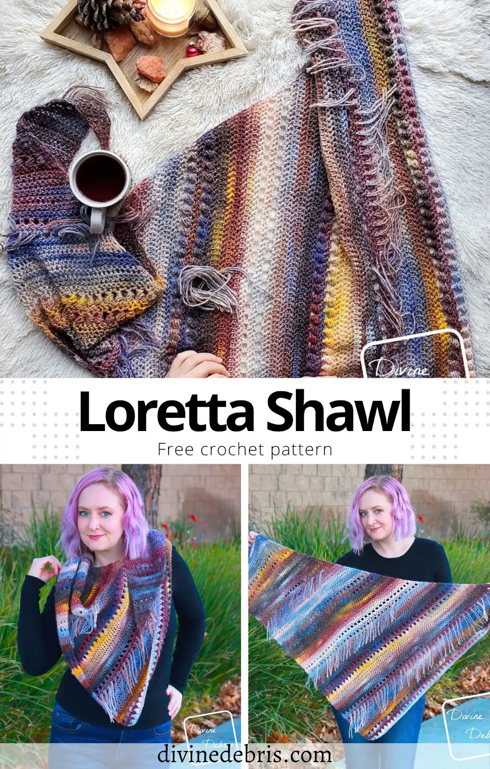 Bring a little big of classy yet modern flair with the Loretta Shawl, a free and easy crochet pattern available from DivineDebris.com.