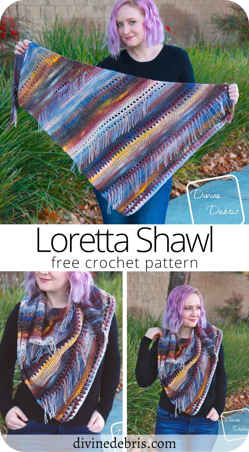 Bring a little big of classy yet modern flair with the Loretta Shawl, a free and easy crochet pattern available from DivineDebris.com.