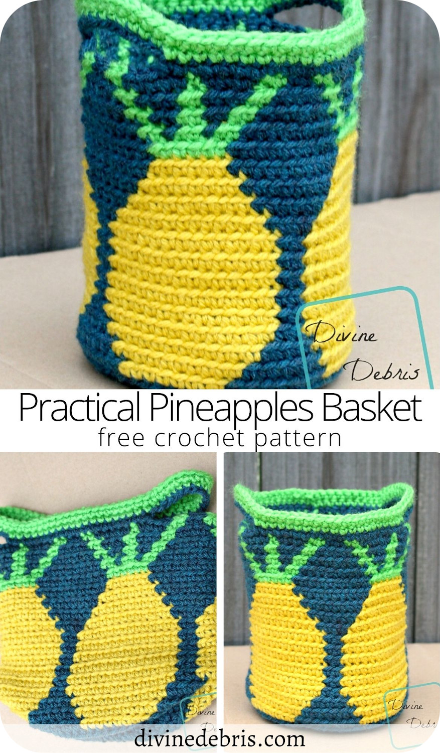 Learn to make the fun and cute tapestry crochet pattern, the Practical Pineapples Basket from a free crochet pattern by Divine Debris