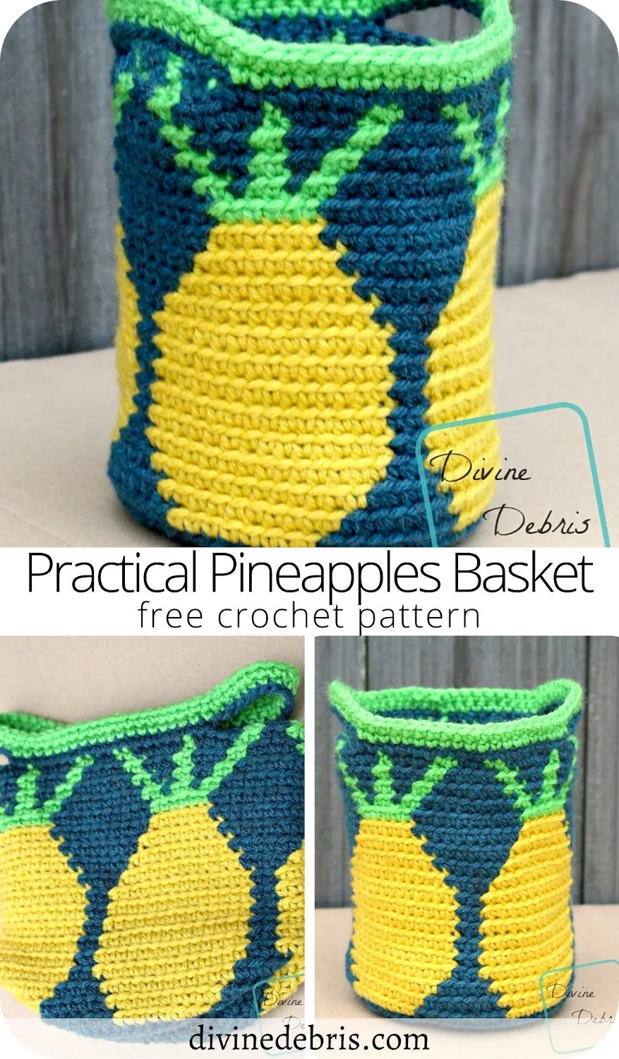 Learn to make the fun and cute tapestry crochet pattern, the Practical Pineapples Basket from a free crochet pattern by Divine Debris