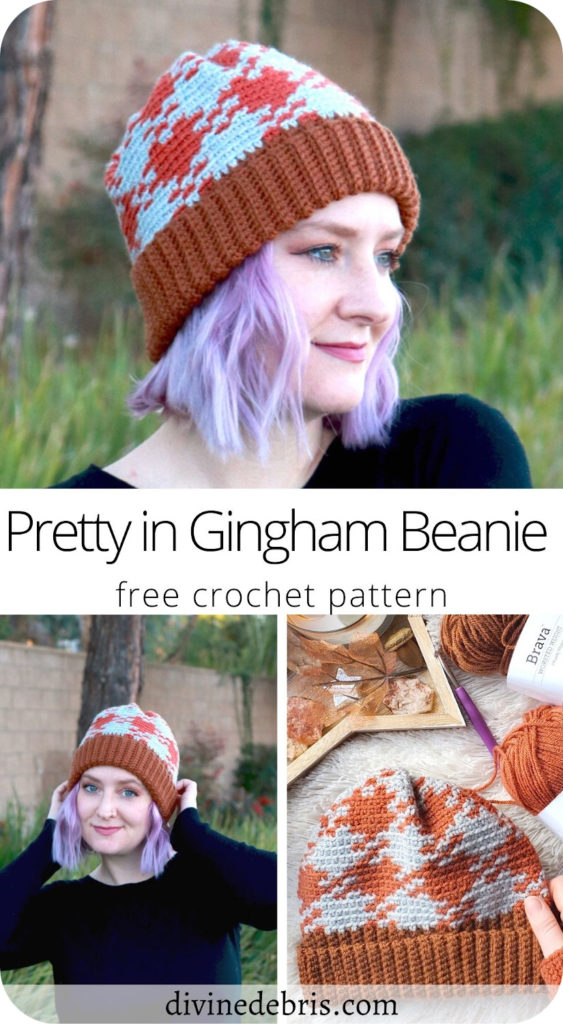 Check out the eye-catching, fun, and customizable tapestry design, the Pretty in Gingham Beanie free crochet pattern by DivineDebris.com