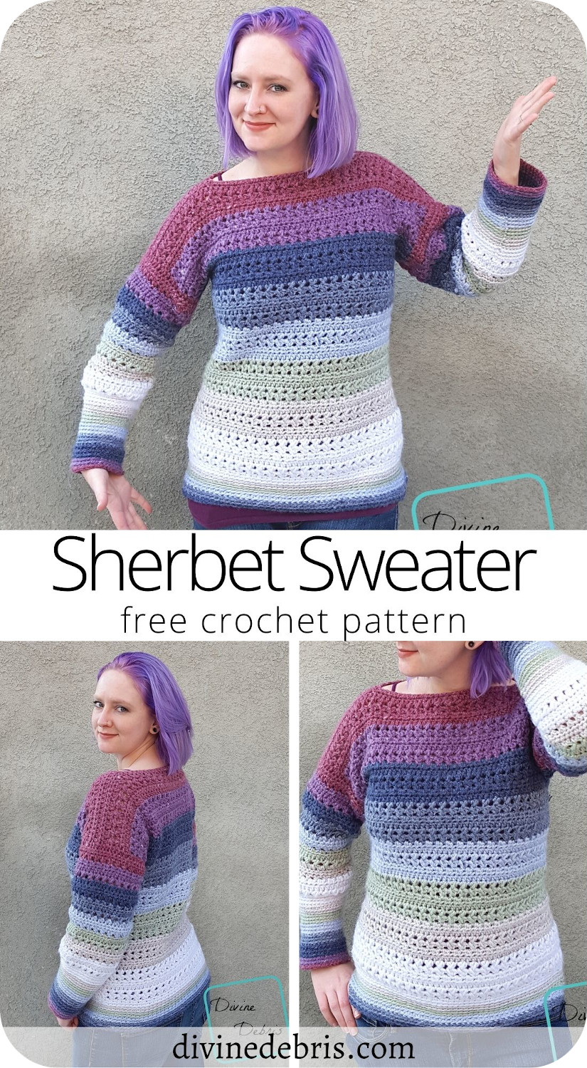 Learn to make a fun and easily customizable sweater, the Sherbet Sweater from a free crochet pattern available on DivineDebris.com