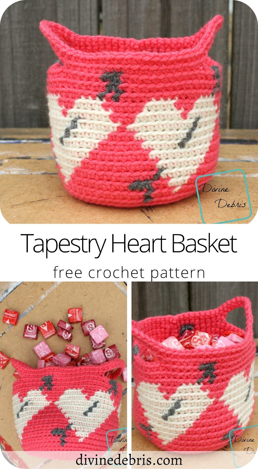 Learn how to make the Tapestry Heart Basket from a free crochet pattern on DivineDebris.com. Perfect for Valentine's day!