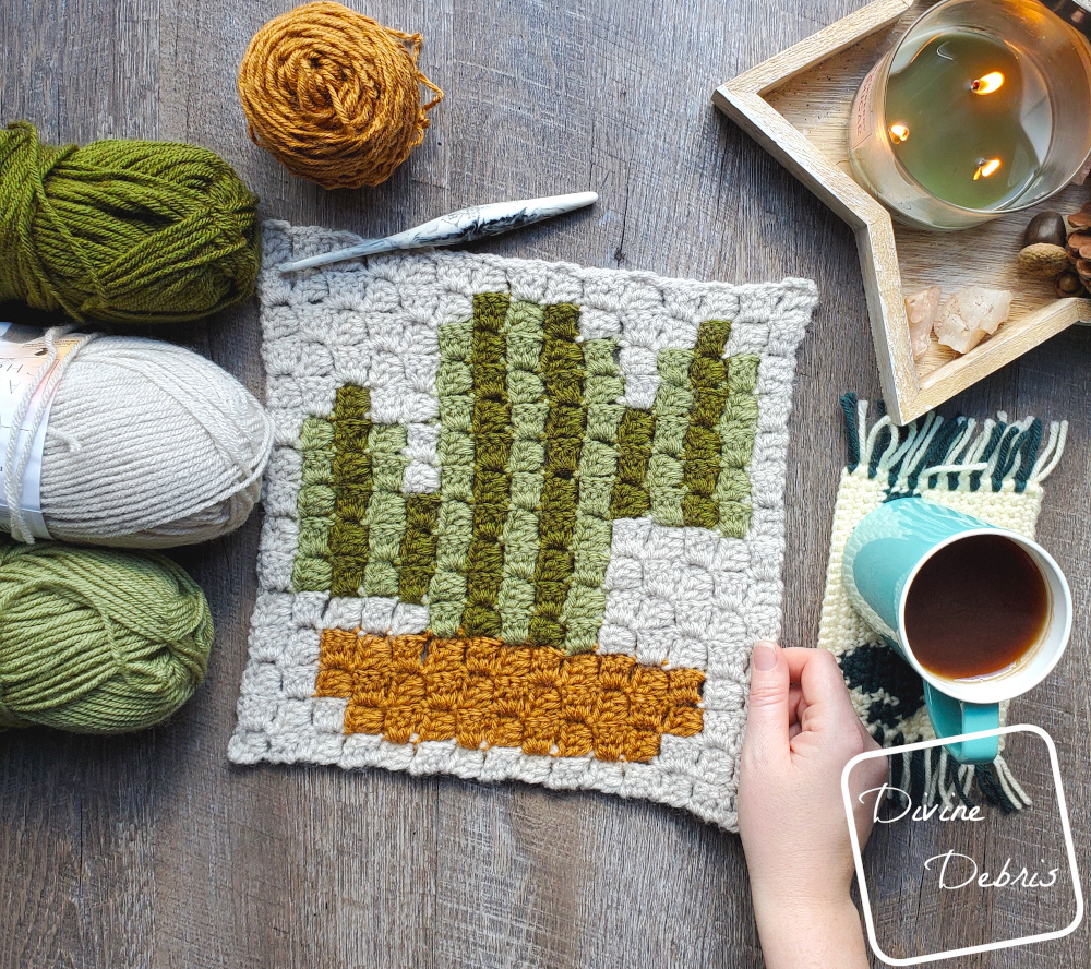 Learn to make the brand new C2C Cactus Afghan Square, first in the 2021 Plants and Flowers C2C Square CAL by Divine Debris