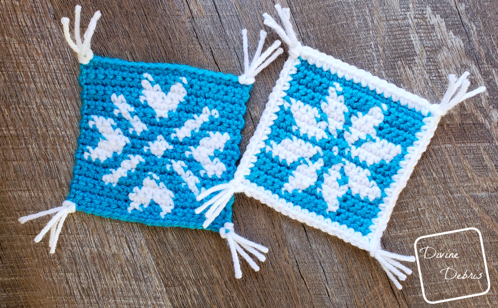 Learn to make the Cute Snowflakes Coaster Set, a fun and creative tapestry crochet free pattern coaster duo from DivineDebris.com