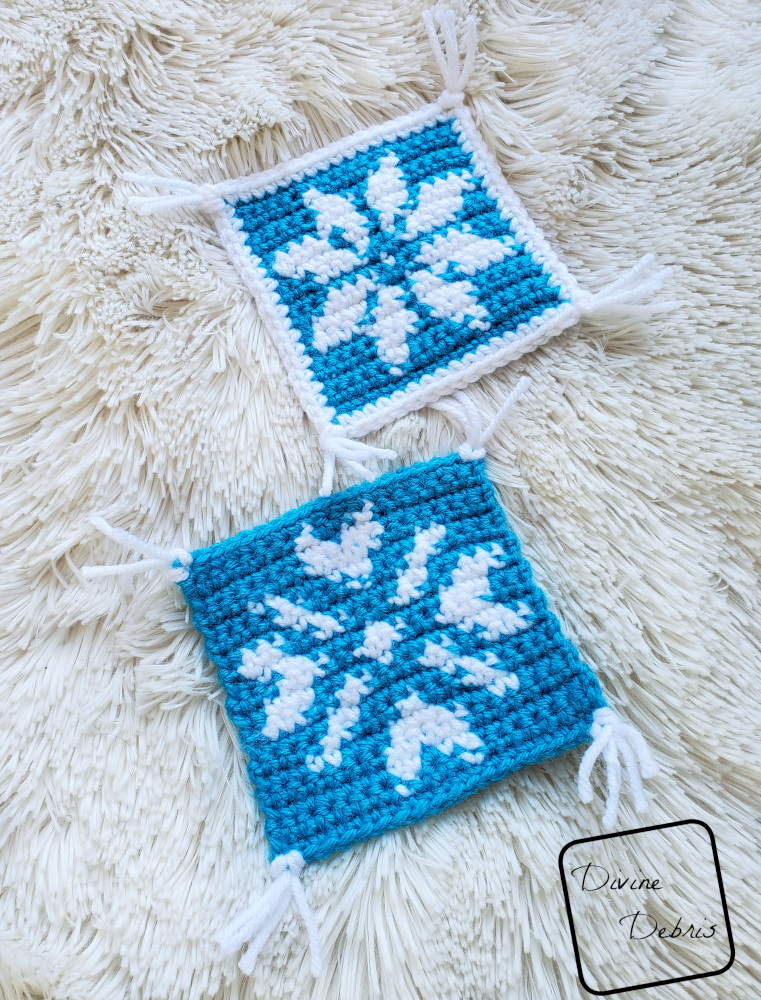 Learn to make the Cute Snowflakes Coaster Set, a fun and creative tapestry crochet free pattern coaster duo from DivineDebris.com