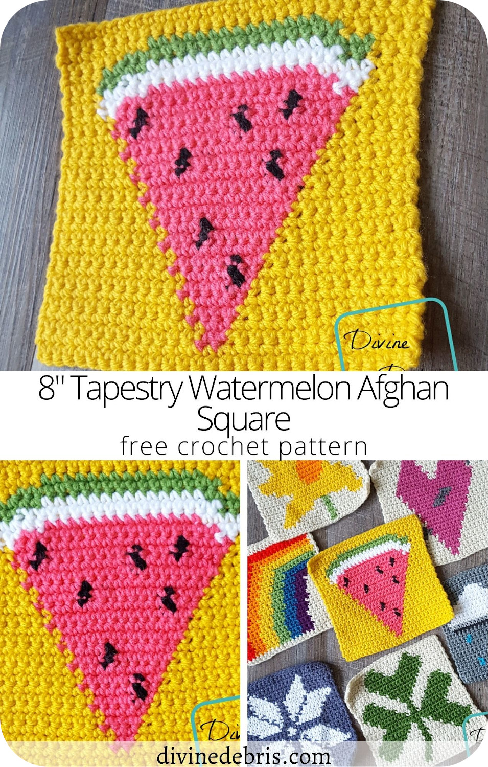 Learn to make the 8" Tapestry Watermelon Afghan Square, part of the 2018 free tapestry crochet CAL, free on DivineDebris.com