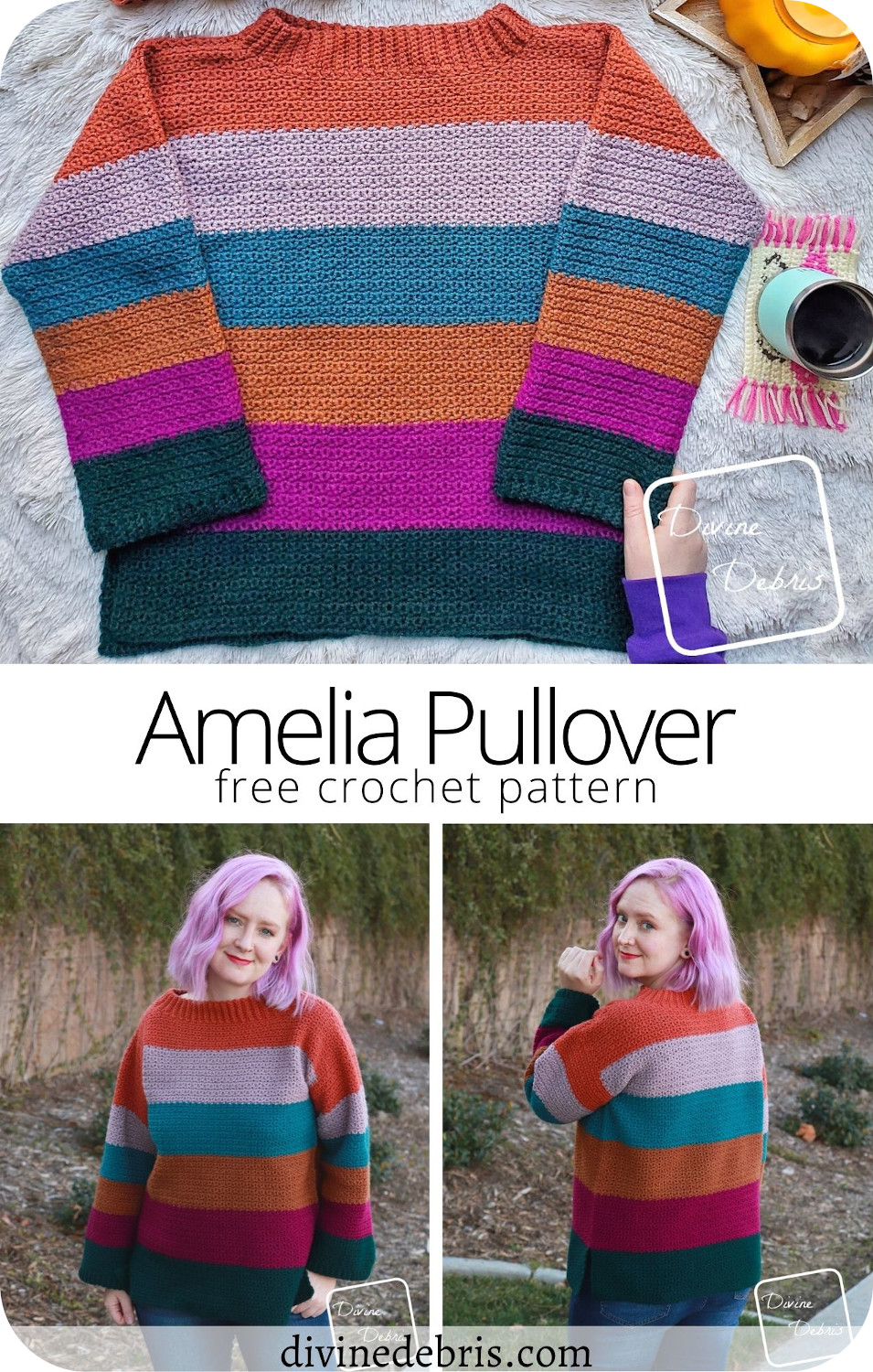 Have fun and learn to make the bold stripes and easy texture of the free Amelia Pullover crochet pattern by DivineDebris.com 