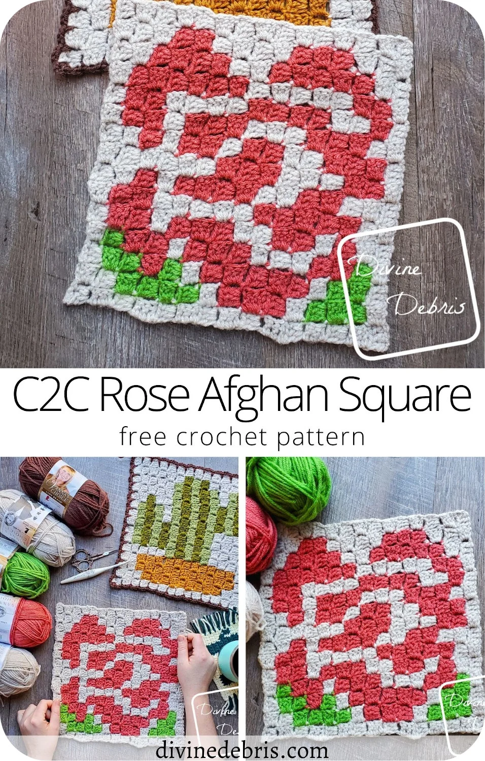 Learn to make the brand new C2C Rose Afghan Square, the second in the 2021 Plants and Flowers C2C Square CAL by Divine Debris