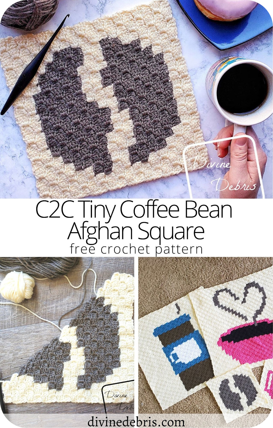 Learn to make the Tiny Coffee Bean C2C Afghan Square, and discover the 2020 C2C Coffee CAL, from a free pattern on DivineDebris.com