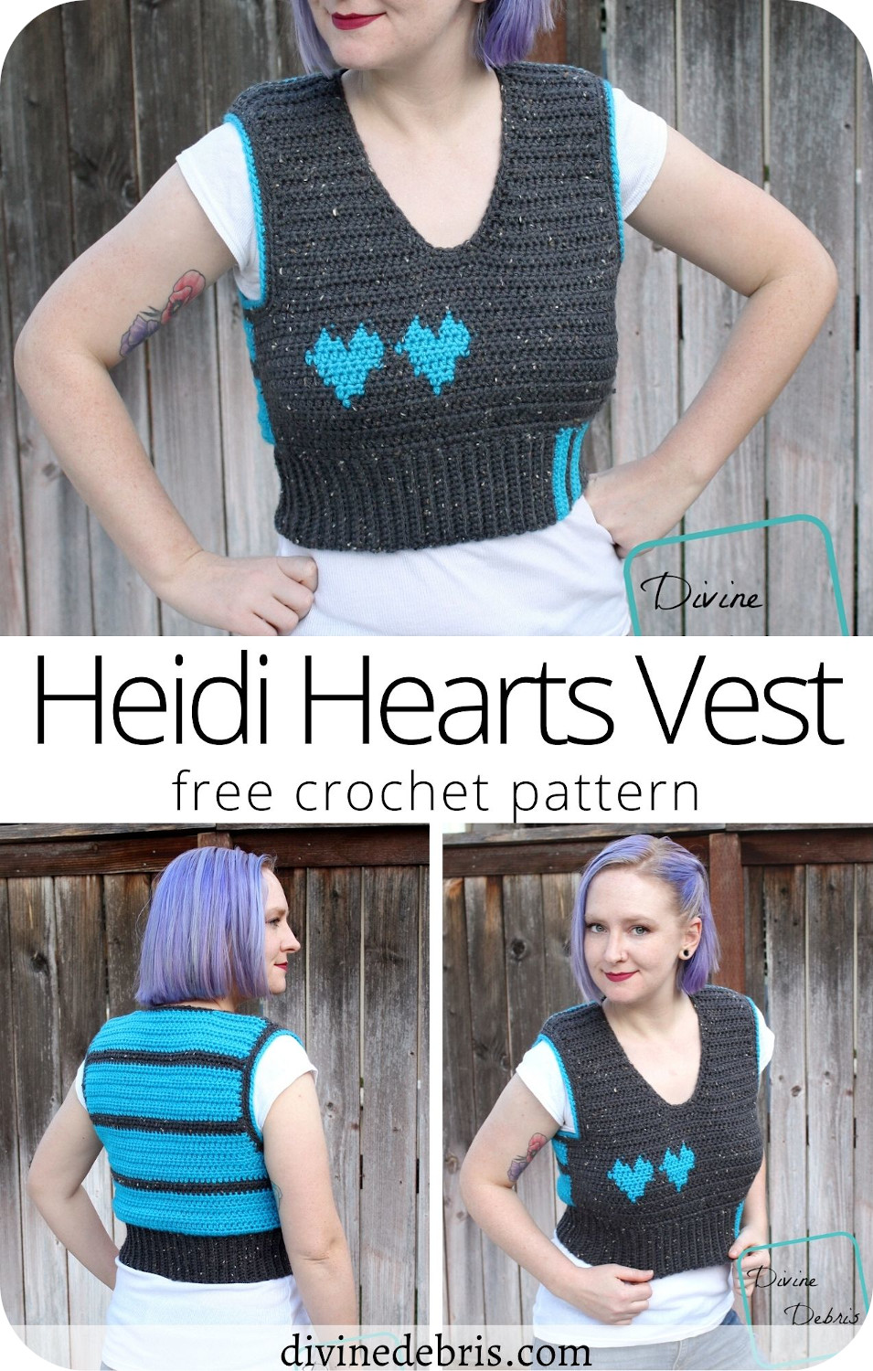 Learn to make a fun and exciting vest with a lovely heart detail, the Heidi Hearts Vest, from a free crochet pattern on DivineDebris.com